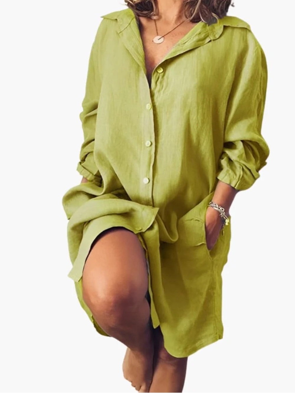 Lightweight Olive Green Button-Front Dress